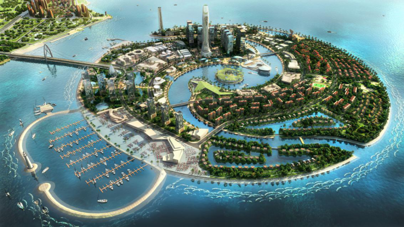 国内首个大型离岸式人工岛——双鱼岛，位于福建省漳州开发区，效果图。来源：网络