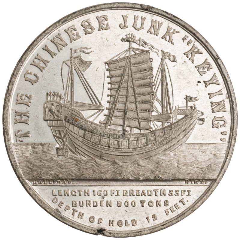 The arrival of the Keying in London in March 1848 created a buzz around the city. This is one of eleven commemorative coins that are reported to have been put on sale locally in London, but as can be seen in many of the illustrations, the design of each is similar.

Year 1848
Currency   Medals - United Kingdom
Composition ： Tin (White metal)
Weight ：24.22 g
Size ： 45 mm
Shape ： Round