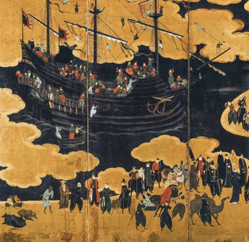 16世纪日本屏风描绘的“南蛮”商人，即是来到日本沿海地带贸易的葡萄牙商人。安土桃山时代的日本人热衷于将南蛮船只和各色人物、商品画在屏风上。
