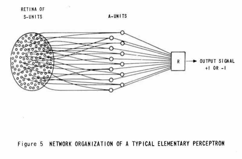 一个典型的初级感知器的网络组织
来源：Frank Rosenblatt，Principles of neurodynamics. perceptrons and the theory of brain mechanisms. Cornell Aeronautical Lab Inc Buffalo NY, 1961.